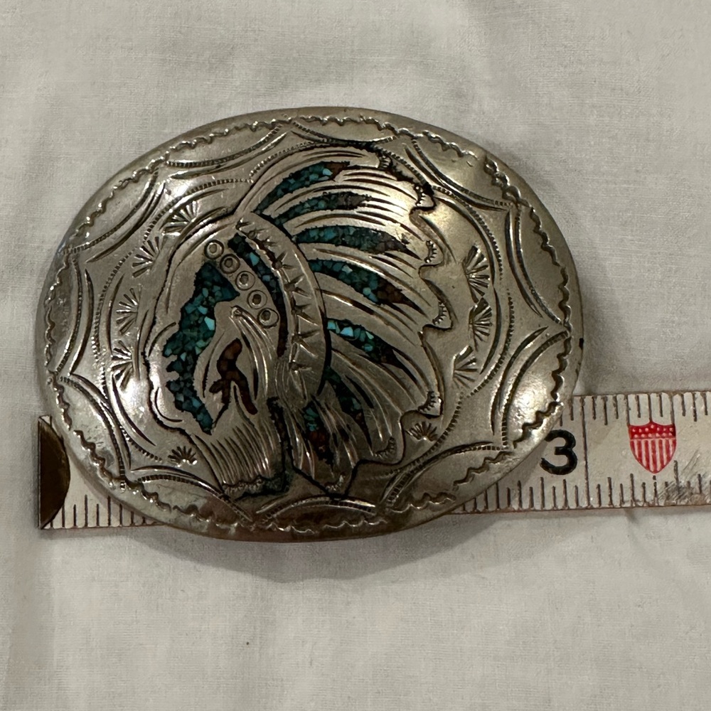 Vintage Retro Handcrafted Oval Belt Buckle of Indian Chief - Picture 3 of 7